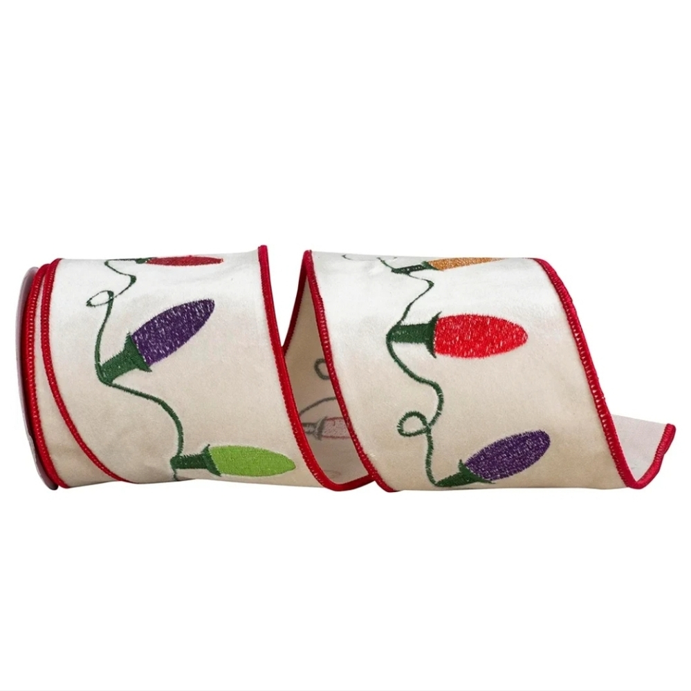 Reliant Christmas Lights Embroidered Plush Velvet Deluxe Wired Edge Ribbon New!